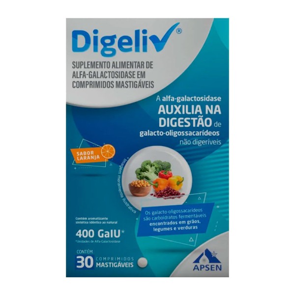 Encontraproduto.com.br - Suplemento Alimentar Digeliv Sabor Laranja 30 Comprimidos Mastigáveis