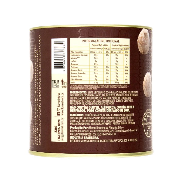 Encontraproduto.com.br - Doce de Leite em Bolinhas com Coco Zero Lactose Flormel Lata 120g