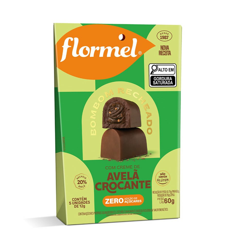 Encontraproduto.com.br - Bombom de Chocolate ao Leite, Recheado com Creme de Avelã Crocante, Zero Açúcar - Pouch de 60g.