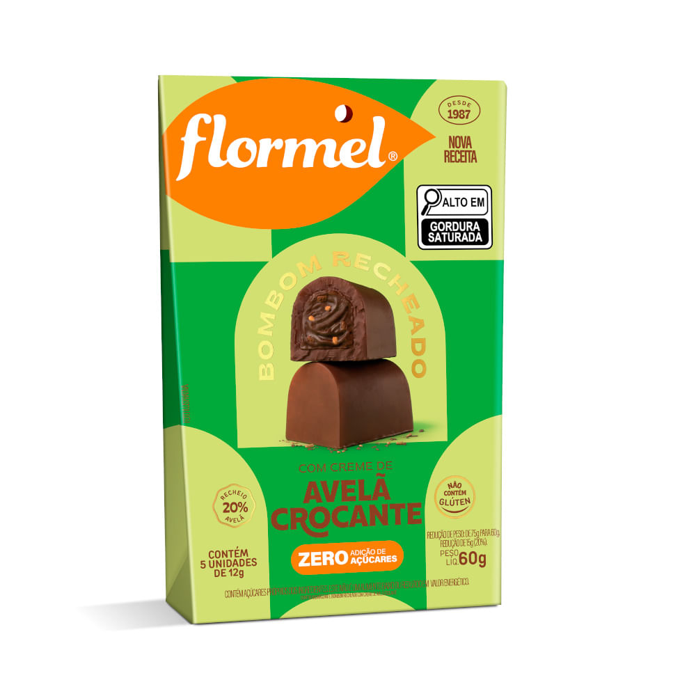 Encontraproduto.com.br - Bombom de Chocolate ao Leite, Recheado com Creme de Avelã Crocante, Zero Açúcar - Pouch de 60g.
