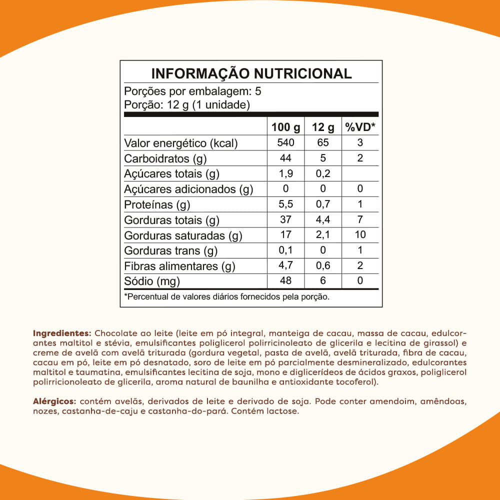 Encontraproduto.com.br - Bombom de Chocolate ao Leite, Recheado com Creme de Avelã Crocante, Zero Açúcar - Pouch de 60g.
