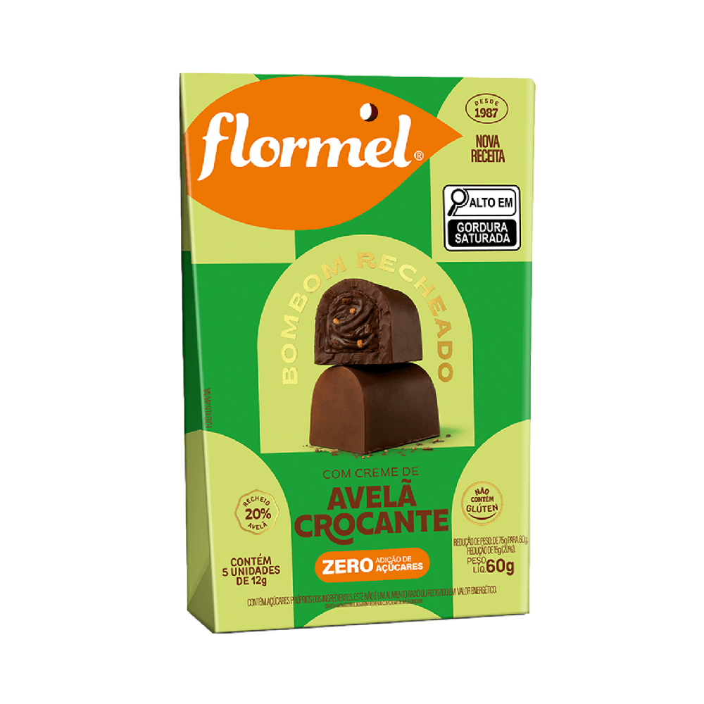 Encontraproduto.com.br - Bombom de Chocolate ao Leite, Recheado com Creme de Avelã Crocante, Zero Açúcar - Pouch de 60g.