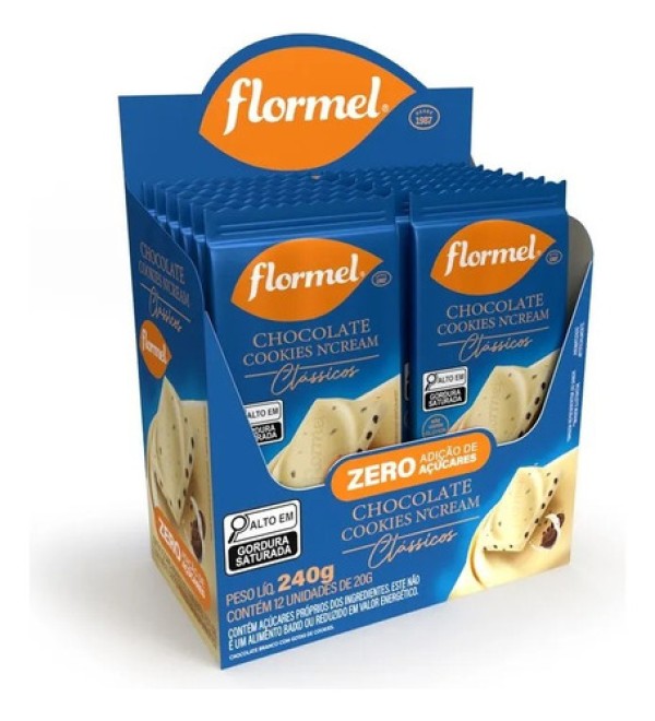 Barra De Chocolate Branco Zero Com Pedaços De Cookies - 12 Unidades De 20G