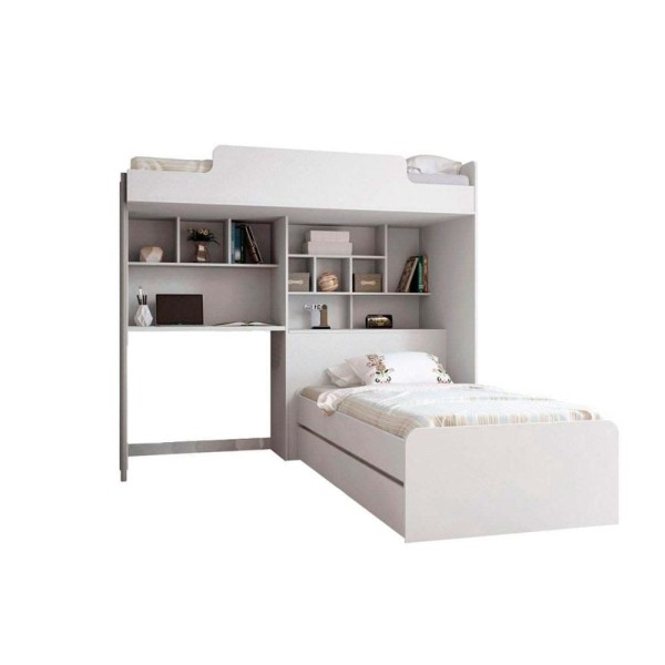 Treliche Office New (3 Camas+ Escrivaninha+Baú+Nicho+Prateleiras) Branco - Santos Andirá