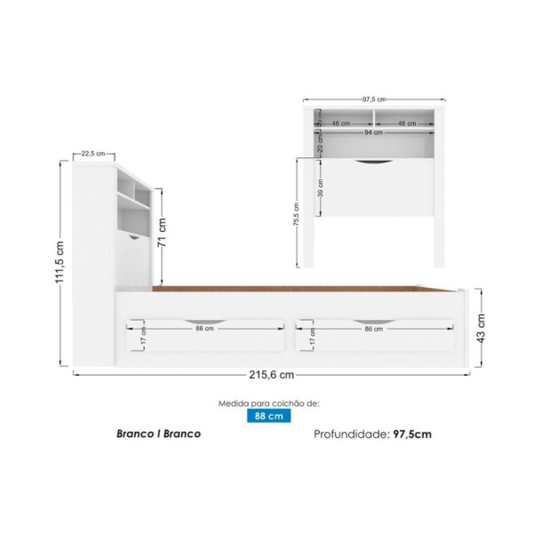 Encontraproduto.com.br - Cama Solteiro Invicta c/ 2 Gavetas Branco - Santos Andirá