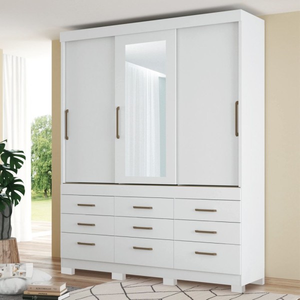 Encontraproduto.com.br - Guarda Roupa Casal 3 Portas de Correr 9 Gavetas Click com Espelho e Pés Branco