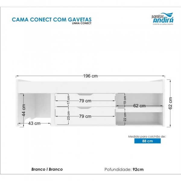 Encontraproduto.com.br - Cama Solteiro Multifuncional Conect 2 Gavetas Branco - Santos Andirá