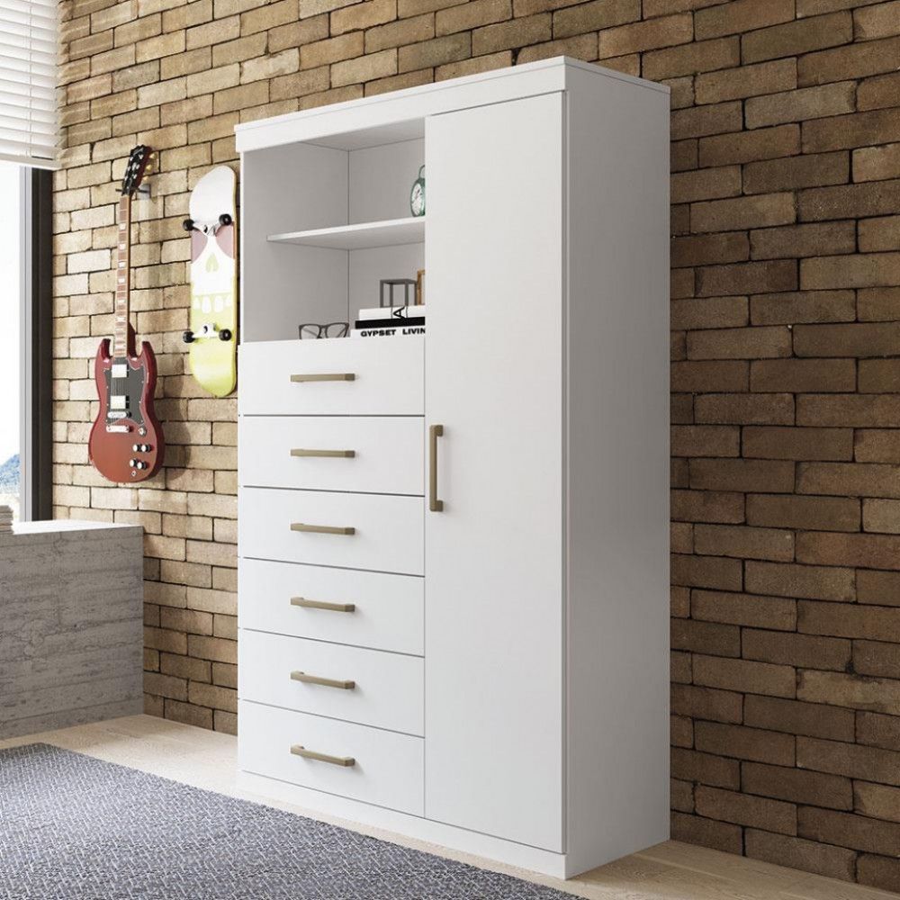 Encontraproduto.com.br - Cômoda de Quarto Marabá 1.6 c/ 1 Porta 2 Nichos e 6 Gavetas Branco - Santos Andirá