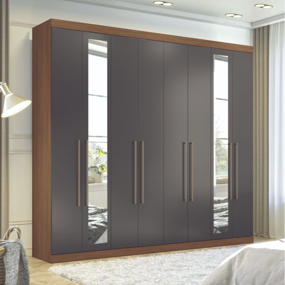 Guarda Roupa Roupeiro Quarto Dormitório Solteiro Casal Master Vip 8.4 Espelho Marrom Madeira Cinza