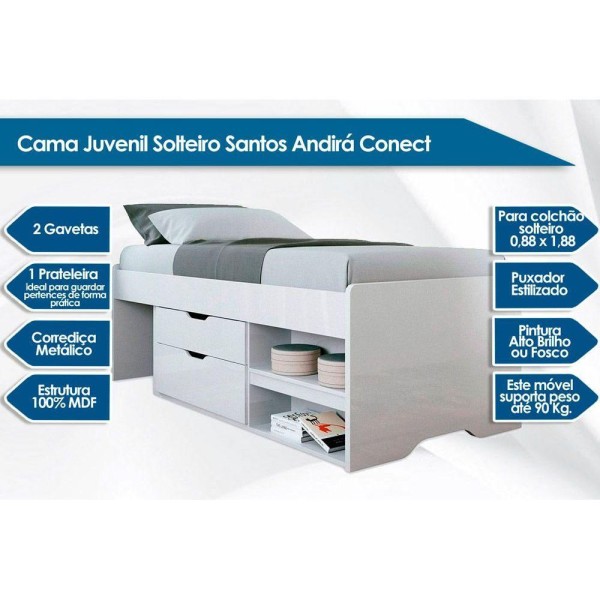 Encontraproduto.com.br - Cama Solteiro Multifuncional Conect 2 Gavetas Branco - Santos Andirá