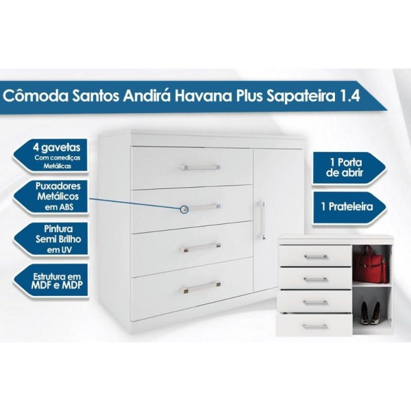 Encontraproduto.com.br - Cômoda de Quarto 3 Peças (1 Cômoda + 2 Mesas Cabeceira) QS82 Branco - Santos Andirá