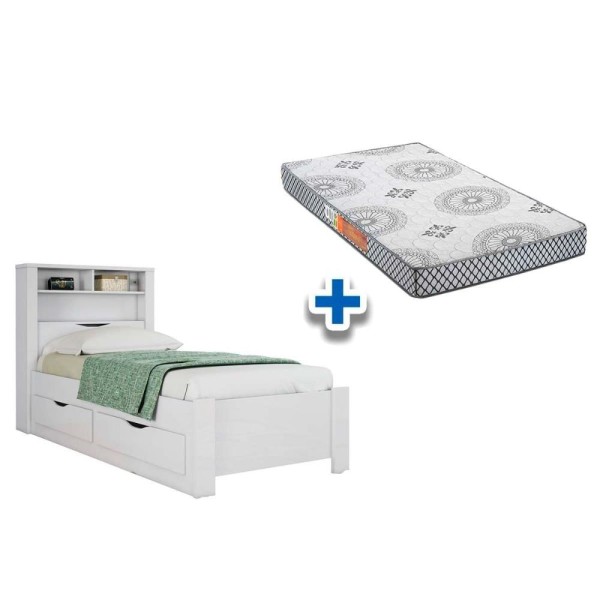 Encontraproduto.com.br - Colchão Solteiro Pérola Polar (1un) + Cama Invicta c/ 2 Gavetas Branco