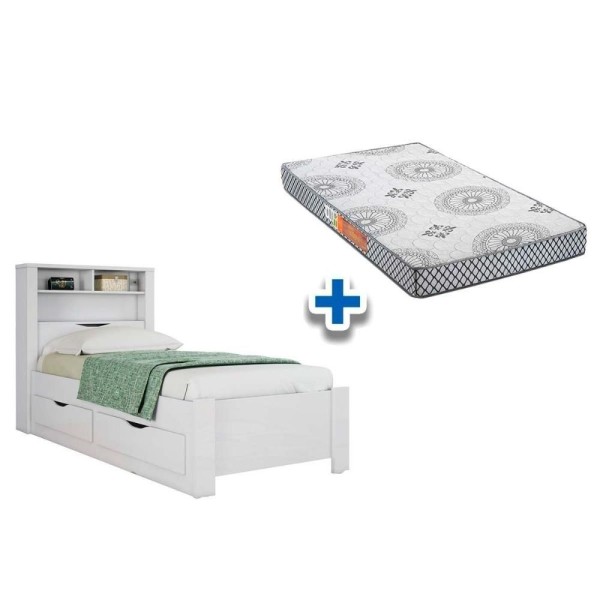 Encontraproduto.com.br - Colchão Solteiro Pérola Polar (1un) + Cama Invicta c/ 2 Gavetas Branco