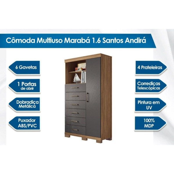 Encontraproduto.com.br - Cômoda Infantil Marabá 1.6 C/ 1 Porta 2 Nichos E 6 Gavetas C/ Pés Atacama - Santos Andirá