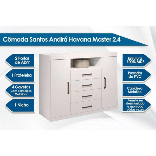 Encontraproduto.com.br - Cômoda Casal Master c/ 2 Portas 1 Nicho e 4 Gavetas Branco - Santos Andirá