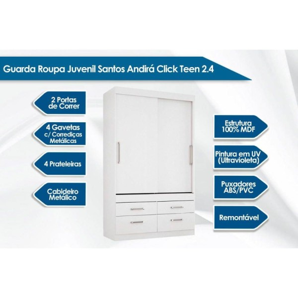 Encontraproduto.com.br - Guarda Roupa 2 Portas de Correr e 4 Gavetas Click 2.4 Branco - Santos Andirá