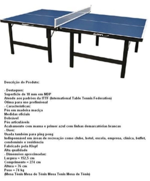 Encontraproduto.com.br - Mesa de Tênis Klopf MDF Azul 1019/1619