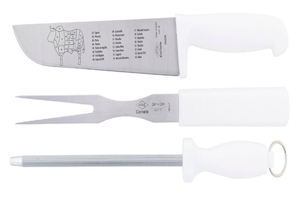 Encontraproduto.com.br - Kit Para Churrasco Com Faca Chaira E Garfo Branco Corneta