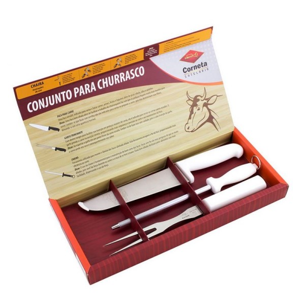 Encontraproduto.com.br - Kit Para Churrasco Com Faca Chaira E Garfo Branco Corneta