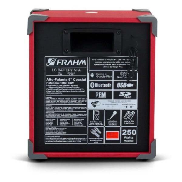 Encontraproduto.com.br - Caixa de Som Amplificada Bluetooth FRAHM LC 250 APP 100W Vermelha