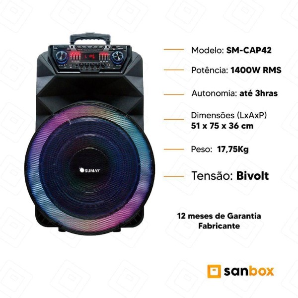 Encontraproduto.com.br - Alto Falante Sm-cap42 Thunder Bolt Bluetooth Led 1400w Bivolt - 2 Mic
