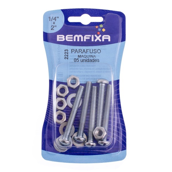 Encontraproduto.com.br - Parafuso máquina cabeça redonda 1/4x2 com porca e arruela 5 unidades Bemfixa