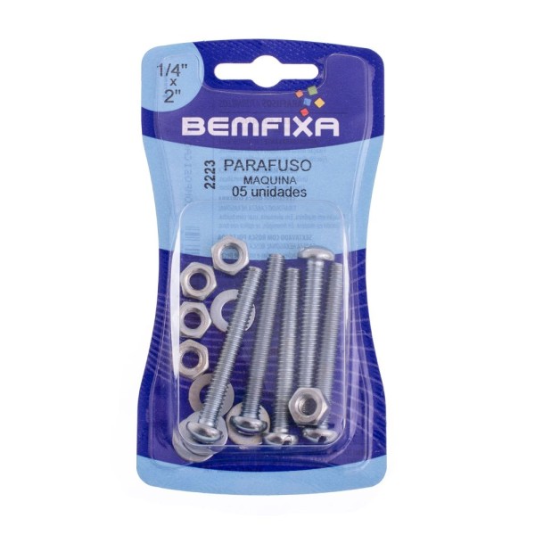 Encontraproduto.com.br - Parafuso máquina cabeça redonda 1/4x2 com porca e arruela 5 unidades Bemfixa