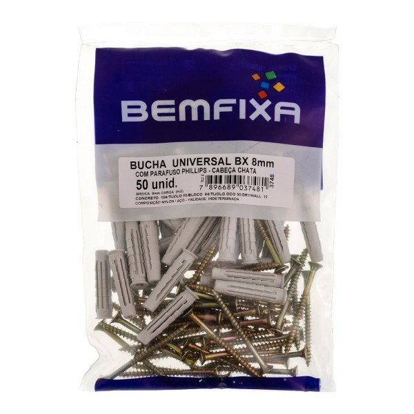 Encontraproduto.com.br - Parafuso Philips Cabeça Chata Com Bucha de 8 Mm 50 Unidades Bemfixa
