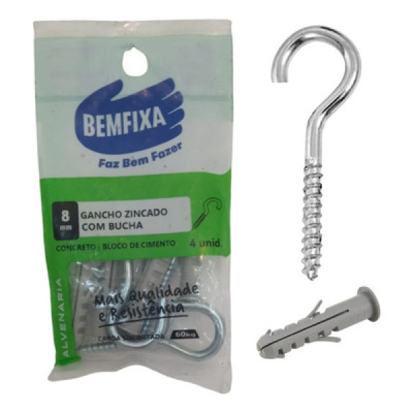 Gancho Zincado 4,4x67 Mm Com Bucha de 8 Mm 4 Unidades Bemfixa