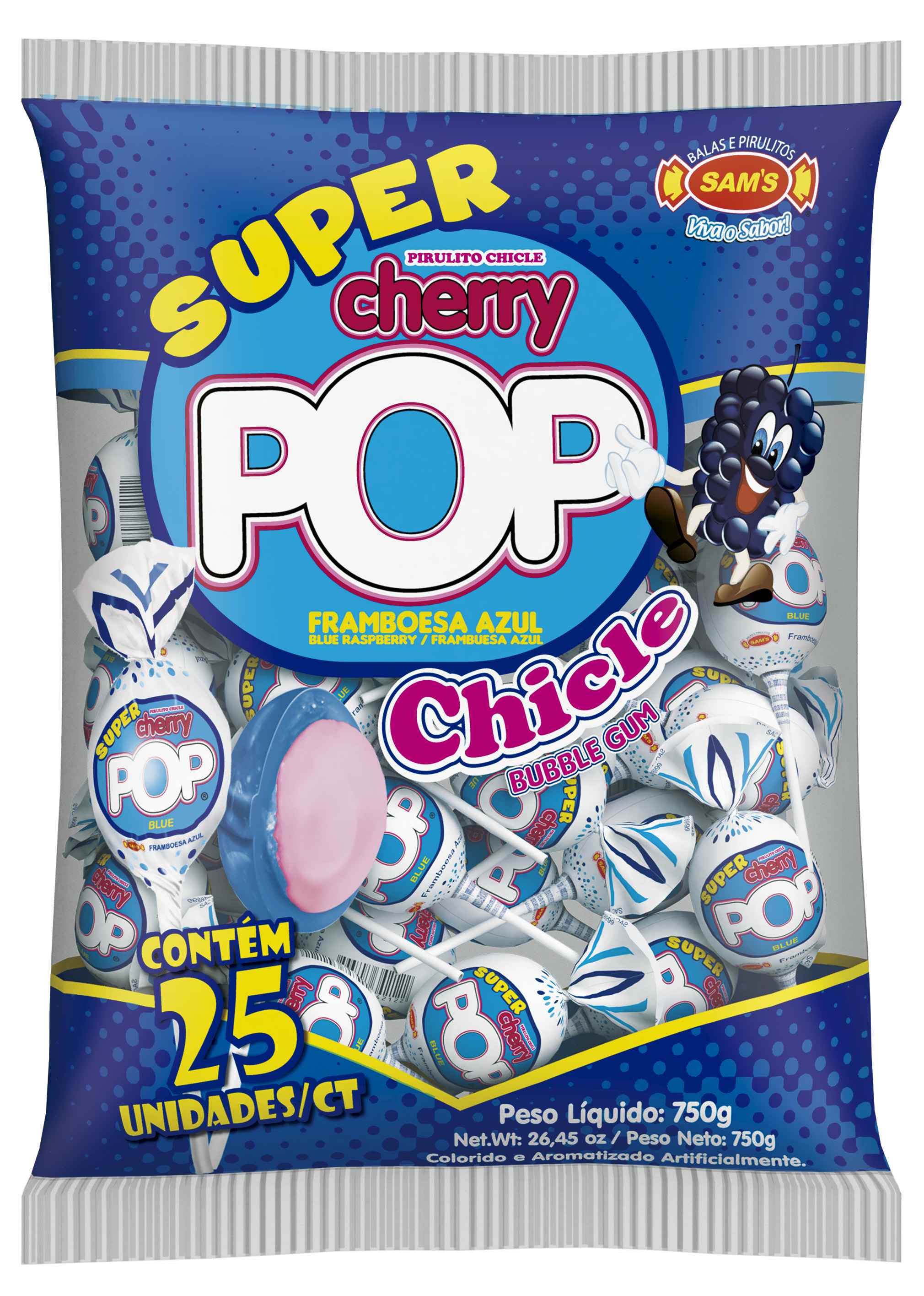 Encontraproduto.com.br - Pirulito Super Cherry Pop com Chicle Framboesa 30g c/25 -  Sams