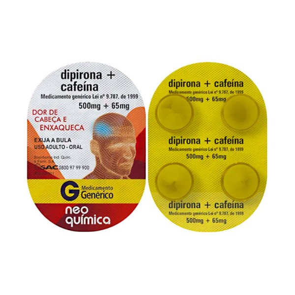 Dipirona Sódica 500mg + Cafeína 65mg Neo Química 4 Comprimidos