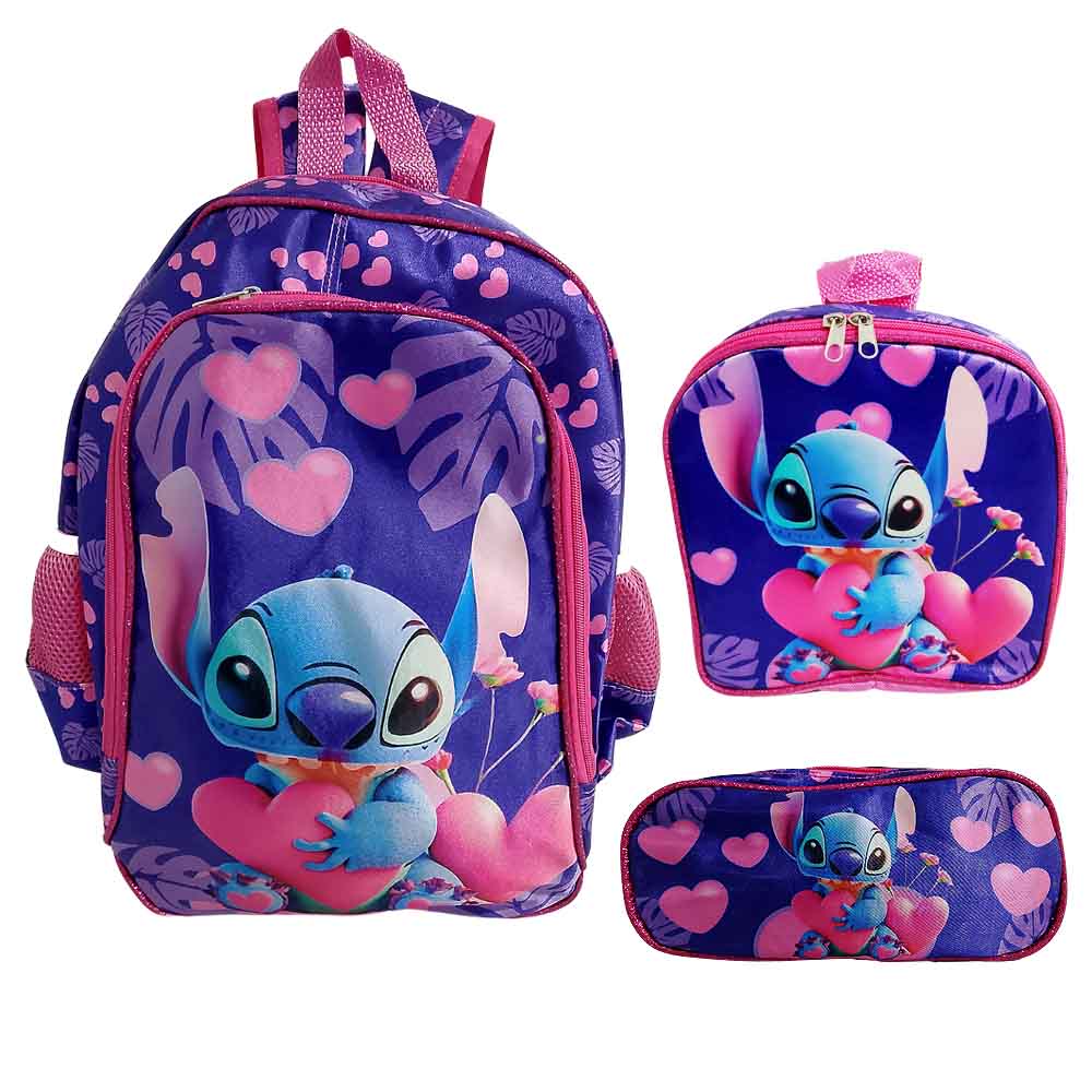 Mochila De Costas Com Lancheira e Estojo Stitch ABCD