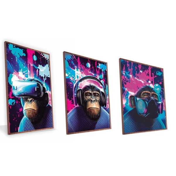 Encontraproduto.com.br - Kit Quadro Macacos Do Futuro Vinil Com Vidro Tamanho-moldura 20x30 Baixa Cor Madeira