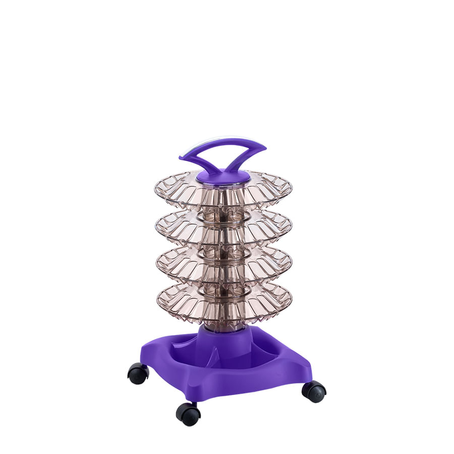 Encontraproduto.com.br - Carrinho Auxiliar Manicure Para 80 Esmaltes Giratório Roxo Com Rodinhas 4 Prateleiras Dompel Style