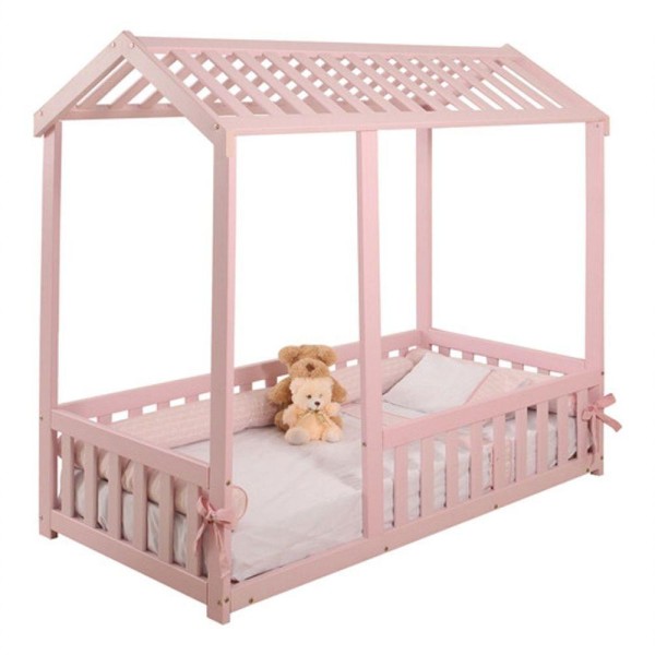 Encontraproduto.com.br - Cama Infantil Montessoriano Com Grade Bruna Rosa + Colchão