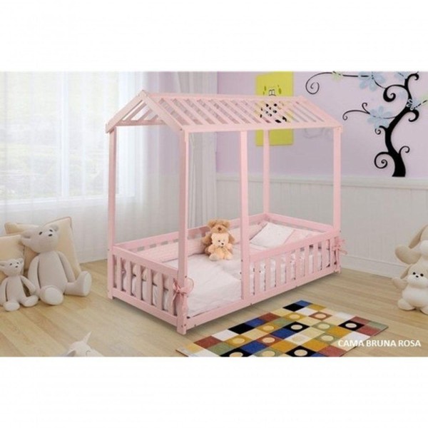 Encontraproduto.com.br - Cama Infantil Montessoriano Com Grade Bruna Rosa + Colchão