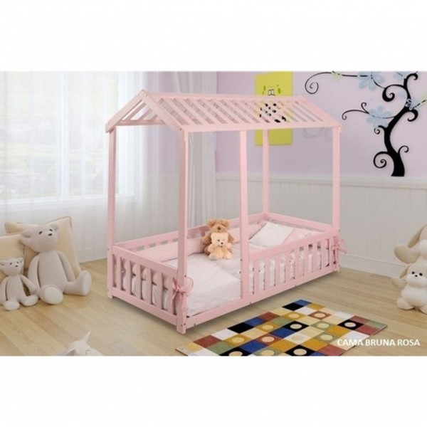 Encontraproduto.com.br - Cama Infantil Montessoriano Com Grade Bruna Rosa + Colchão