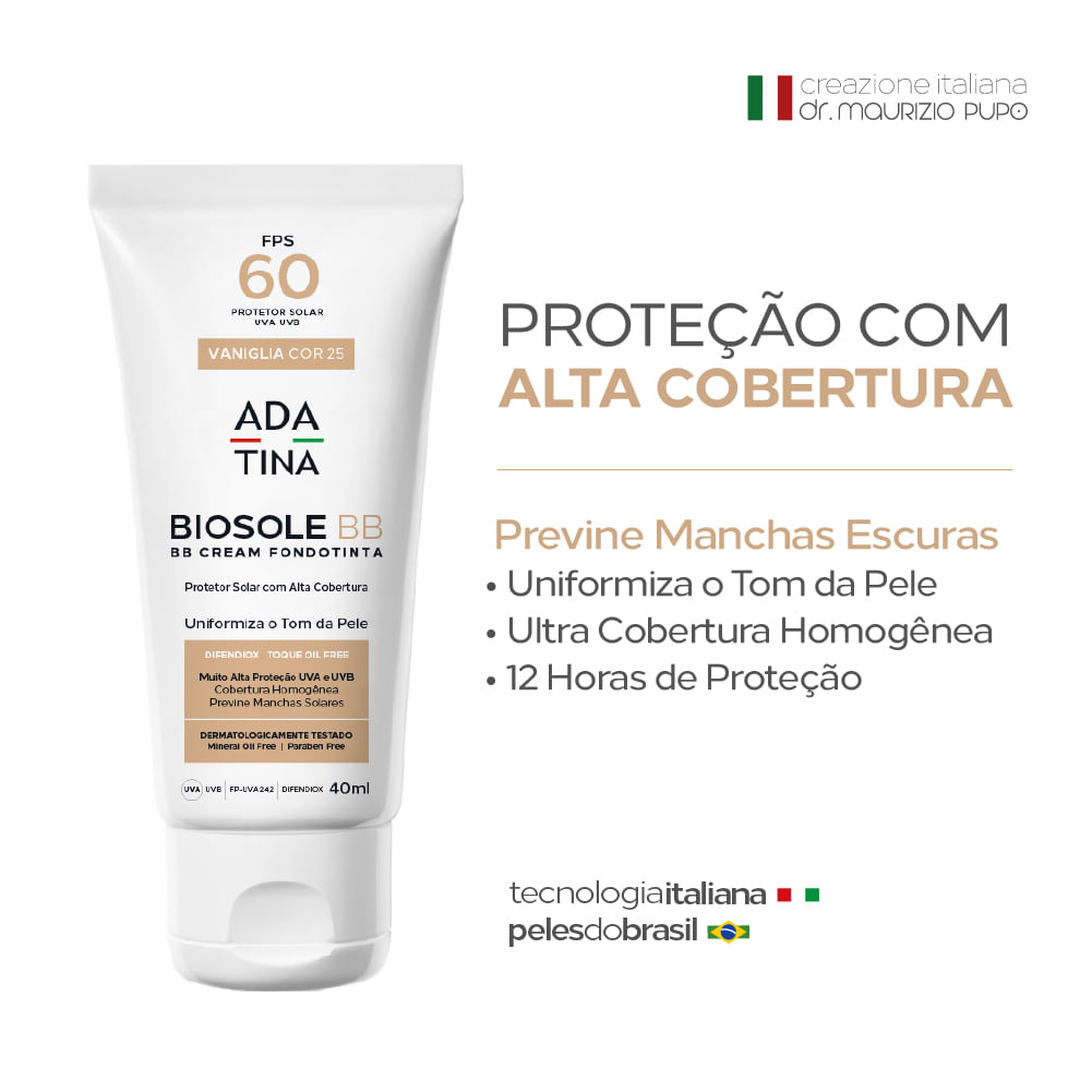 Encontraproduto.com.br - Protetor Solar 12HS Com Cor Toque Seco Alta Cobertura Biosole BB FPS 60 Cor Vaniglia