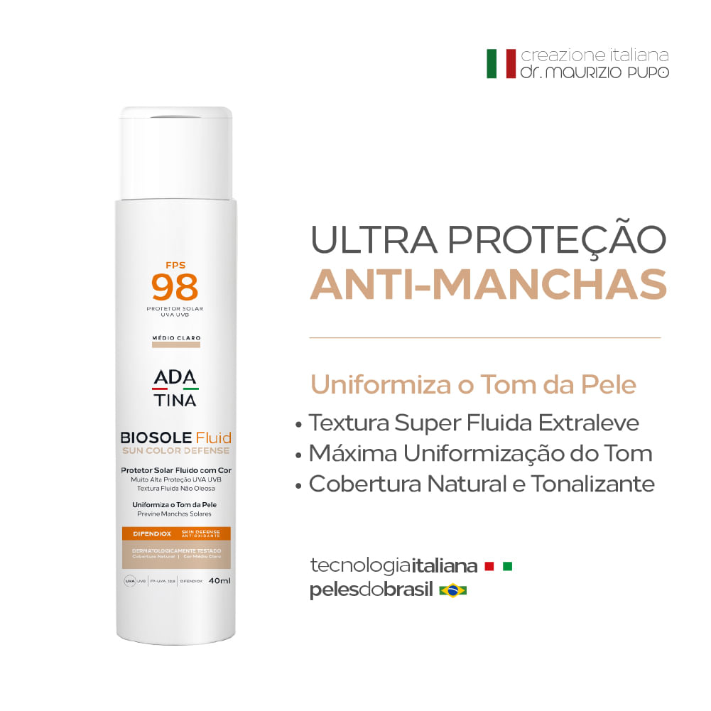 Encontraproduto.com.br - Protetor Solar 12HS Fluido Com Cor Toque Seco Biosole Fluid FPS 98 Cor Médio Claro
