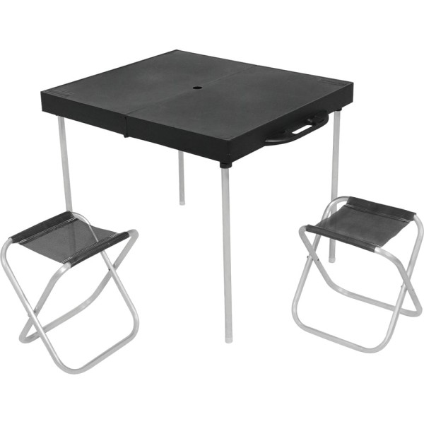 Encontraproduto.com.br - Mesa Portátil Dobrável Para Camping com 2 Banquetas Preta Bel