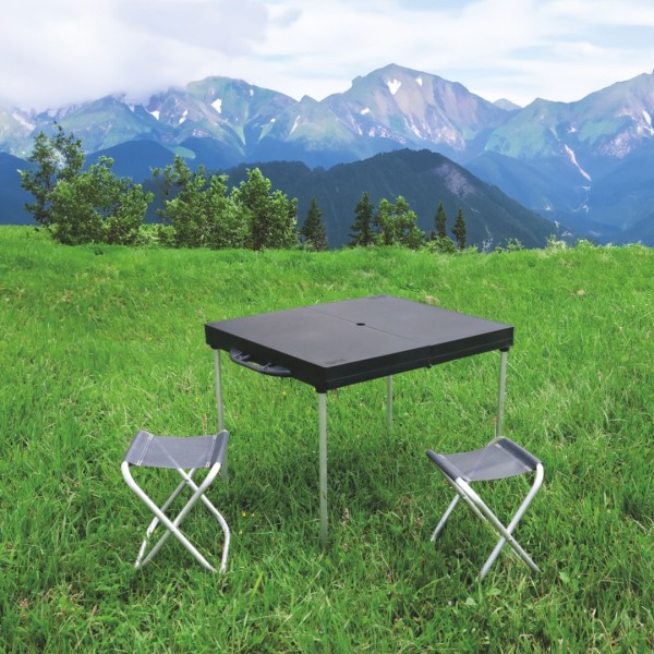 Encontraproduto.com.br - Mesa Portátil Dobrável Para Camping com 2 Banquetas Preta Bel