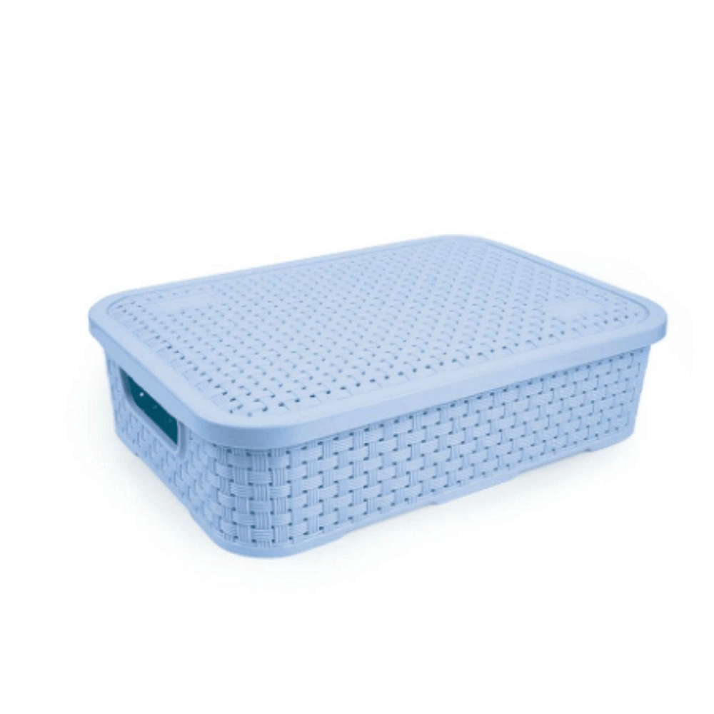 Caixa Organizadora com Tampa Baixa Nitronplast Rattan Média Azul