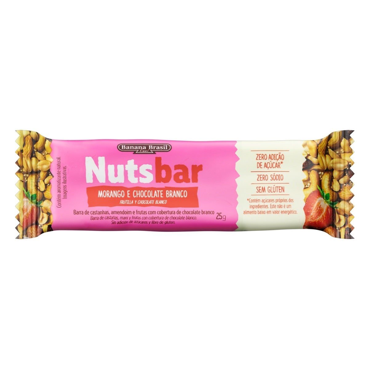 Encontraproduto.com.br - Barra Castanhas, Amendoim e Morango com Cobertura de Morango Nuts Banana Brasil 25g