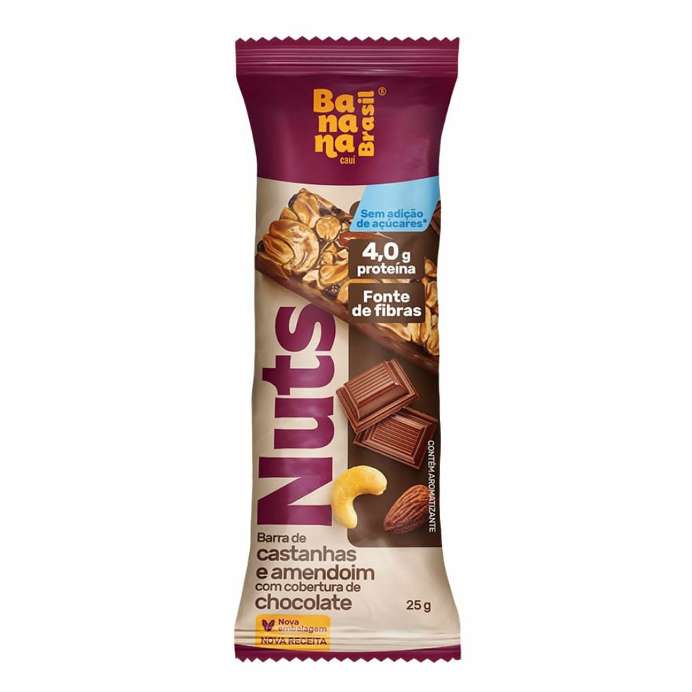 Encontraproduto.com.br - Barra de Castanhas e Amendoim com Cobertura de Chocolate Nuts Banana Brasil 25g