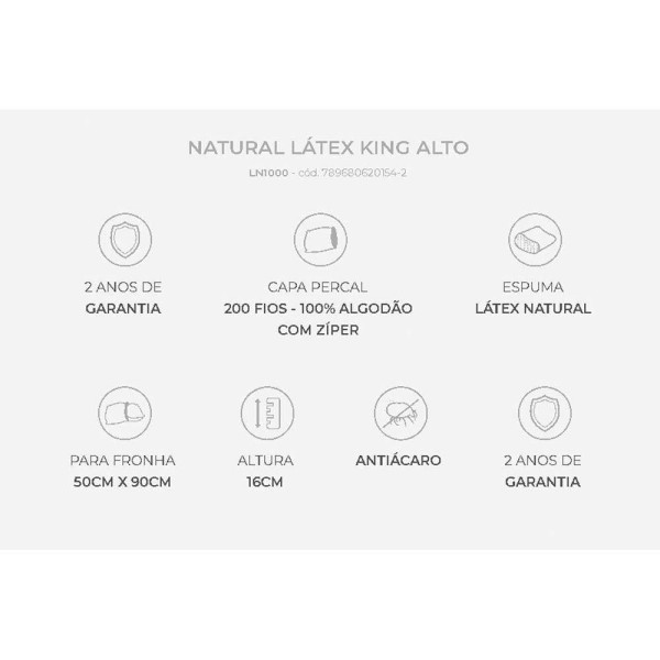Encontraproduto.com.br - Travesseiro Látex Natural King Alto LN1000 Lavável c/ Capa Percal 200 Fios (90x50) - Duoflex