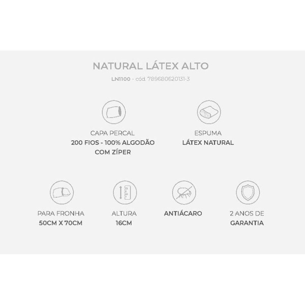 Encontraproduto.com.br - Travesseiro Látex Natural Alto Ln1100 C/ Capa Percal 200 Fios P/fronha (50x70) - Duoflex