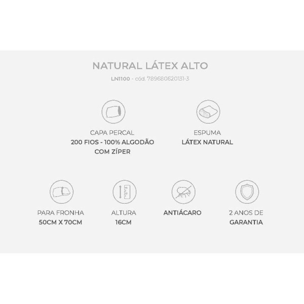 Encontraproduto.com.br - Travesseiro Látex Natural Alto Ln1100 C/ Capa Percal 200 Fios P/fronha (50x70) - Duoflex
