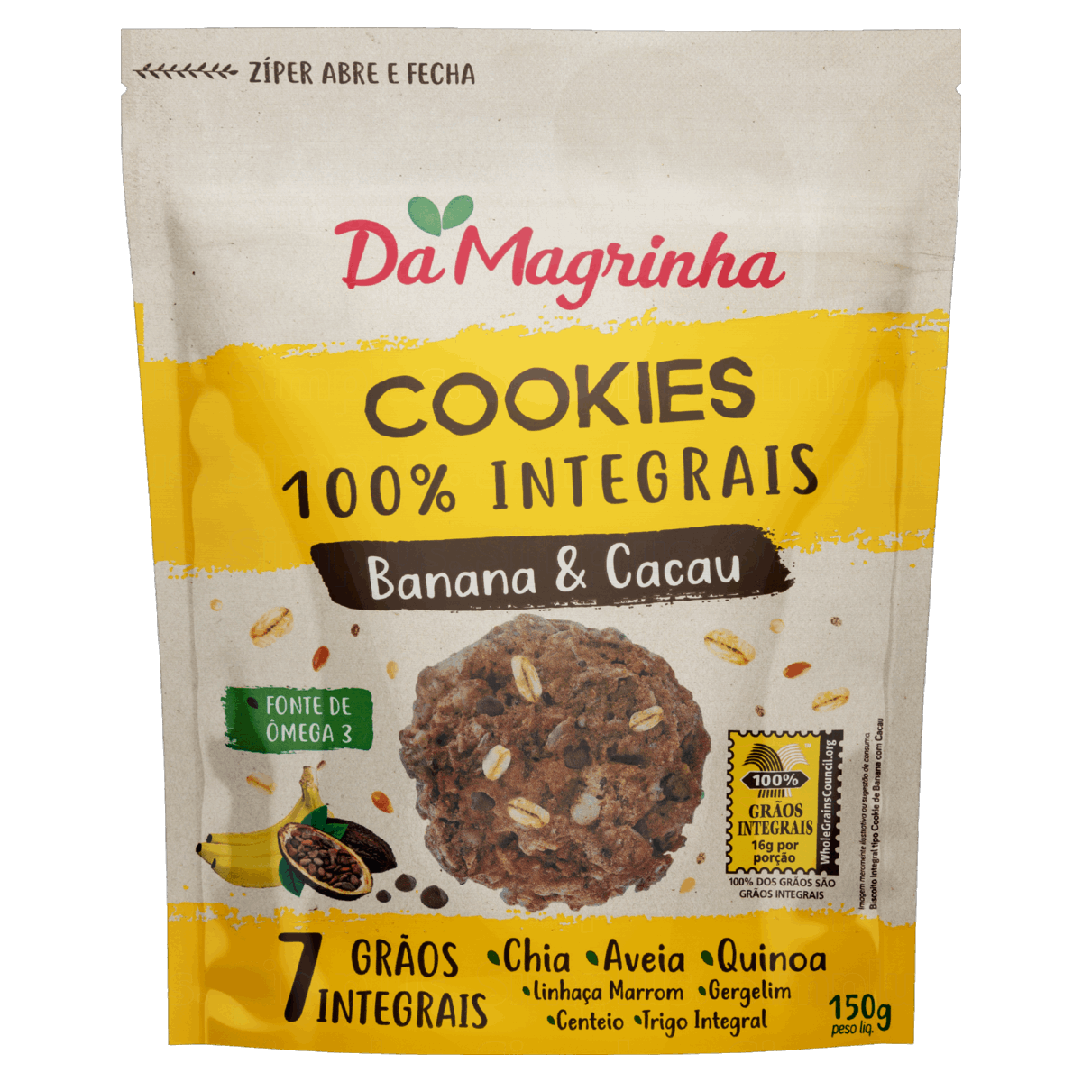 Encontraproduto.com.br - Biscoito Cookie Integral Banana e Cacau Da Magrinha 7 Grãos Pouch 150g