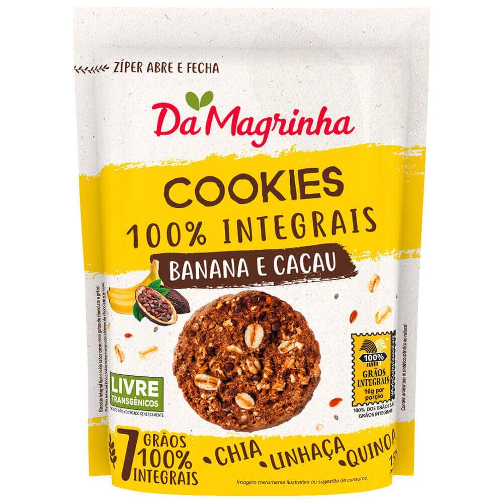 Encontraproduto.com.br - Biscoito Cookie Integral Banana e Cacau Da Magrinha 7 Grãos Pouch 150g