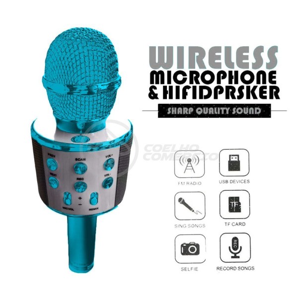 Encontraproduto.com.br - Microfone Bluetooth Wster Ws-858 S/Fio Mini Karaokê Azul